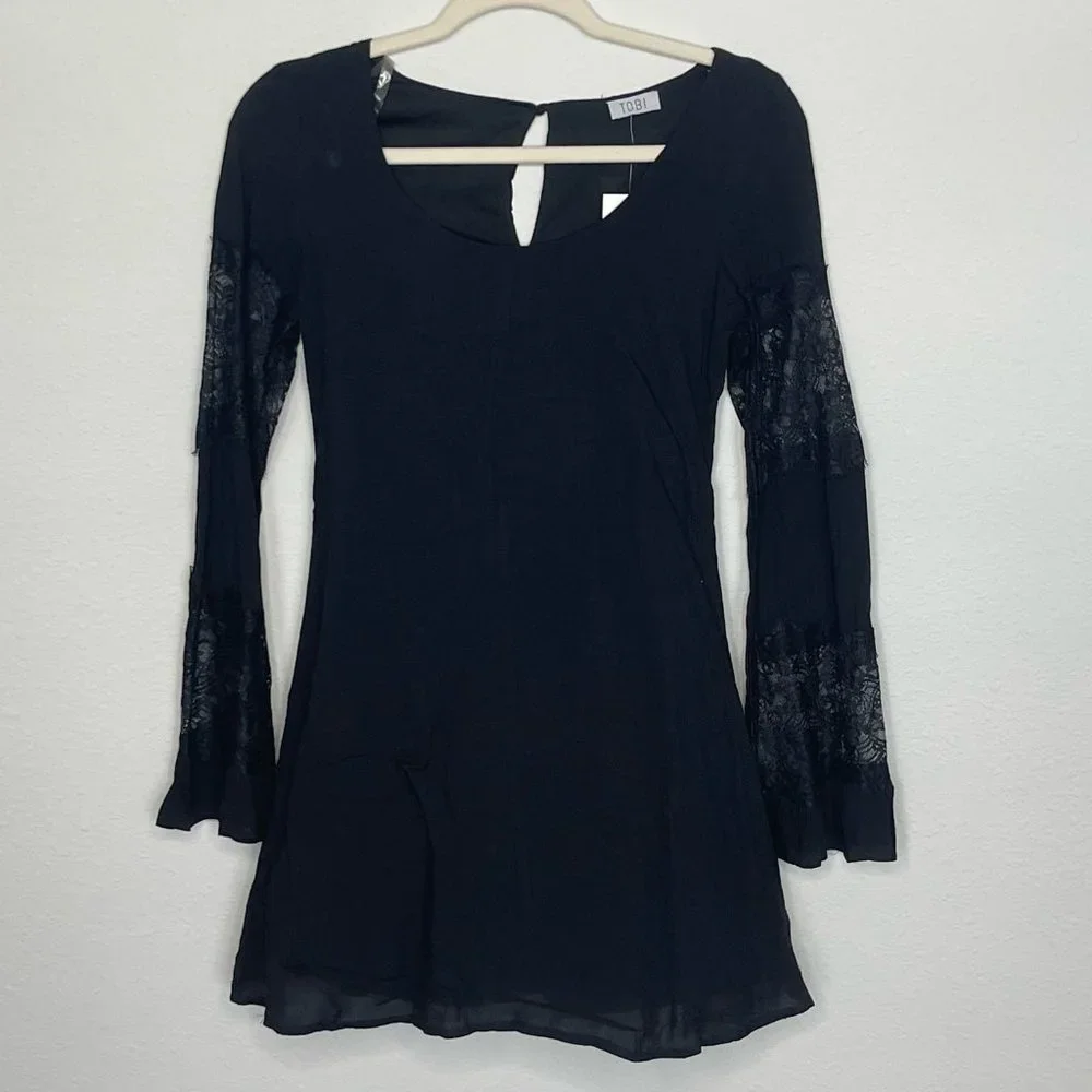 Tobi La Belle Black Flare Sleeve Lace Shift Dress XS Extra Small - Picture 4 of 10